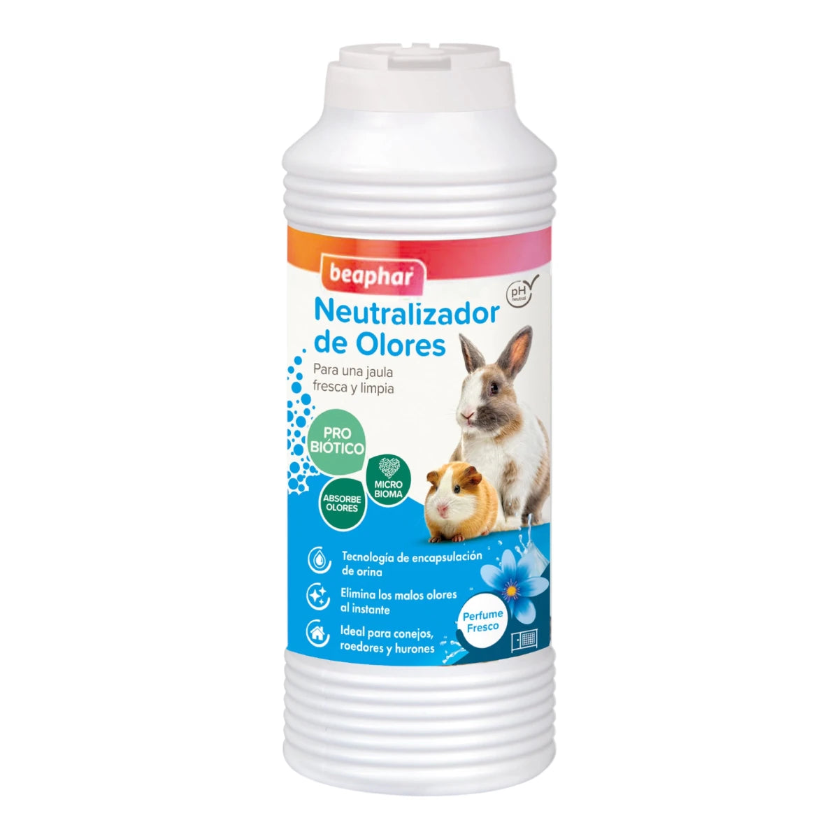 Envase de 600g de Beaphar Neutralizador de Olores para jaulas de conejos y roedores, fórmula con probióticos y tecnología de encapsulación.