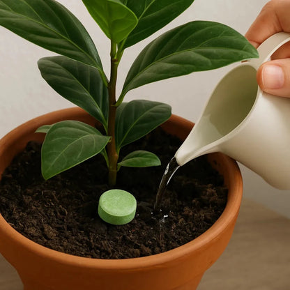 Aplicación de NitroTabs en planta con flores, fertilizante de liberación prolongada. La tableta debe de ir enterrada a 2cm de profundidad, esta imagen es sólo ilustrativa.