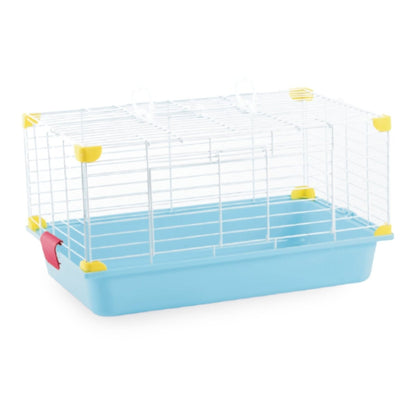 Jaula para pequeños mamíferos con base plástica azul y rejilla blanca, con asas y tazón de comida