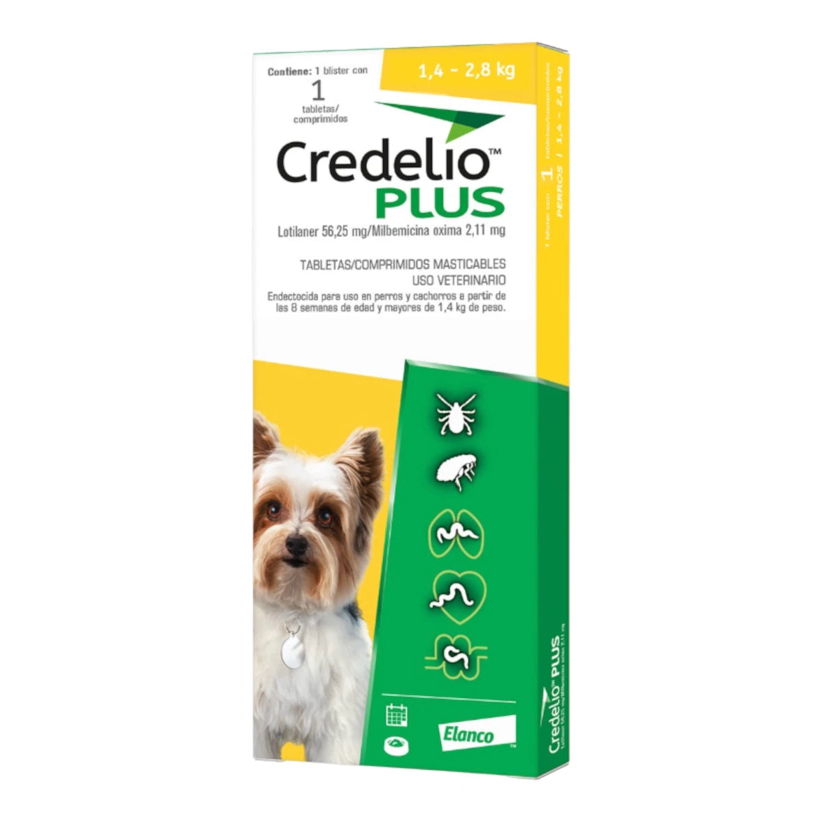 Caja de Credelio Plus para perros miniatura de 1.4 a 2.8 kg, tableta masticable mensual de amplio espectro contra parásitos.