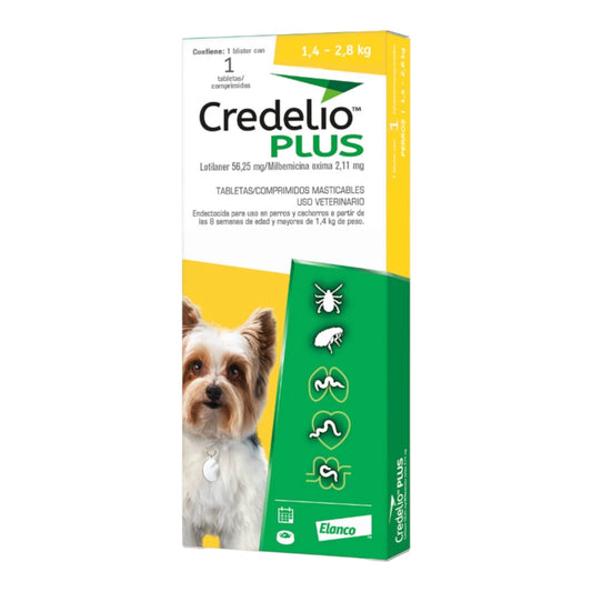 Caja de Credelio Plus para perros miniatura de 1.4 a 2.8 kg, tableta masticable mensual de amplio espectro contra parásitos.