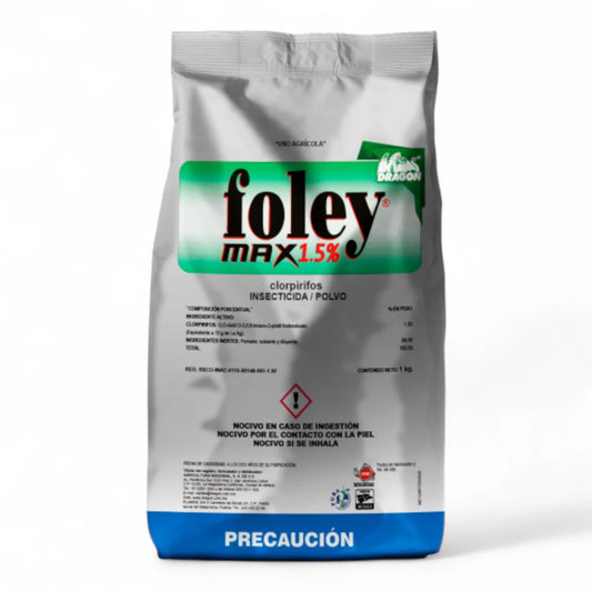 Envase de Foley Max 1.5% insecticida agrícola en polvo con Clorpirifos para control de gallina ciega, gusano de alambre y gusano trozador en cultivos agrícolas.
