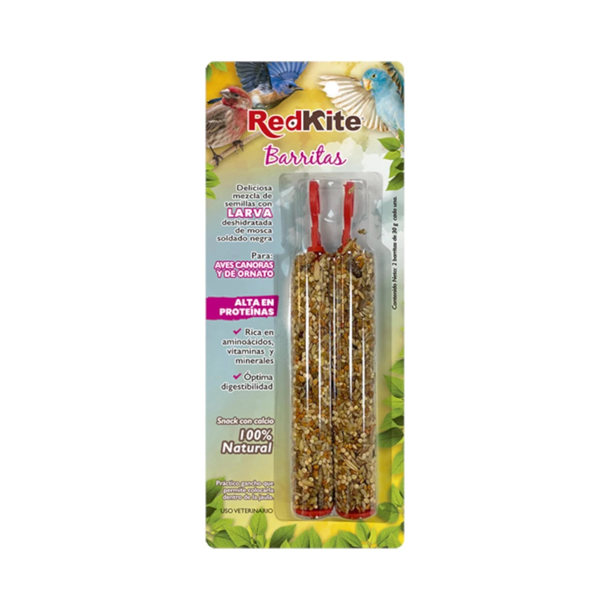 Empaque de barritas RedKite con semillas y larvas deshidratadas, alto en proteínas y vitaminas para aves canoras y de ornato.