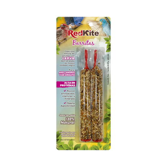 Empaque de barritas RedKite con semillas y larvas deshidratadas, alto en proteínas y vitaminas para aves canoras y de ornato.