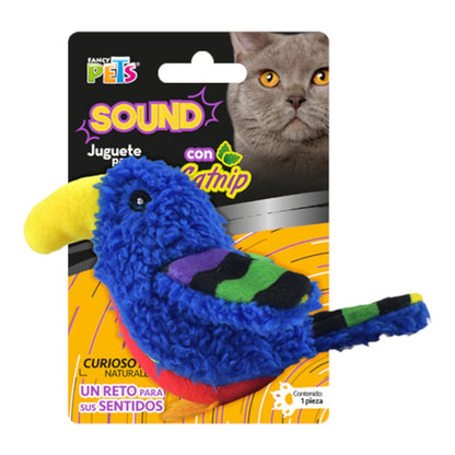 Juguete de peluche para gato en forma de loro azul con pecho rojo y pico amarillo, marca Fancy Pets