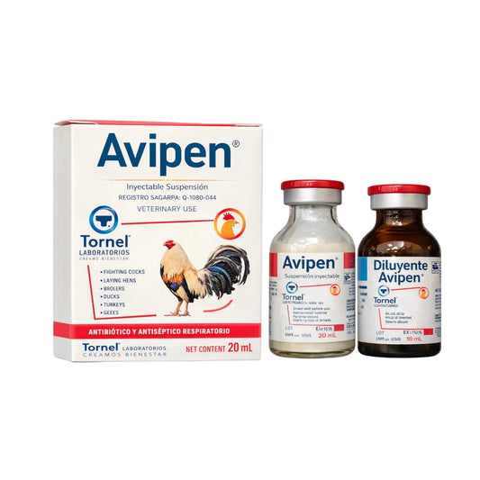 Frasco y caja de Avipen antibiótico inyectable para el tratamiento de infecciones respiratorias en aves de corral, pavos y gansos.
