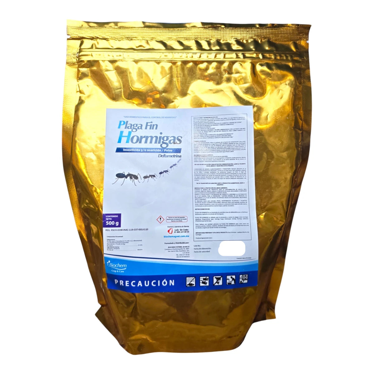 Plaga Fin Hormigas 500 g de Biochem, insecticida en polvo con deltametrina al 0.1%, elimina hormigas segadoras, fuego y cabezonas eficazmente