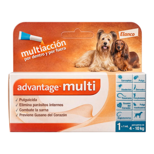 mpaque de Advantage Multi para perros de 4 a 10 kg, solución tópica para el control de piojos, ácaros y parásitos. Imagen mejorada con IA.