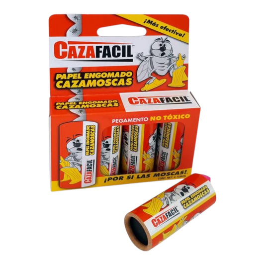 Paquete de CazaFácil papel engomado con cuatro rollos atrapamoscas no tóxicos, diseñados para uso interior y exterior.