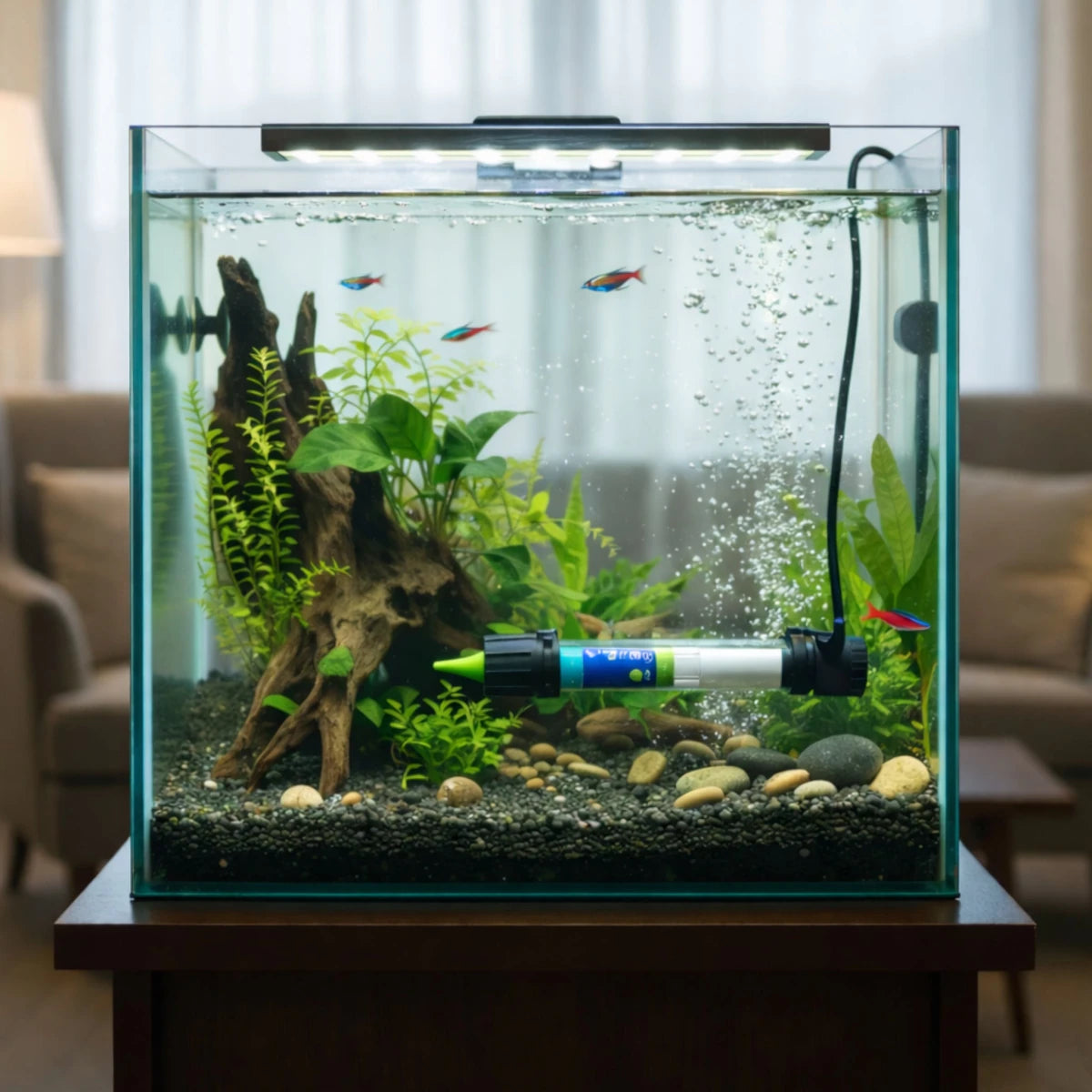 Imagen de acuario con un caletador thermal balance instalado regulado la temperatura