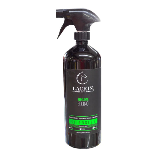Envase de Lacrin 1 litro, repelente natural de citronella para proteger a caballos, bovinos y caprinos contra moscas.