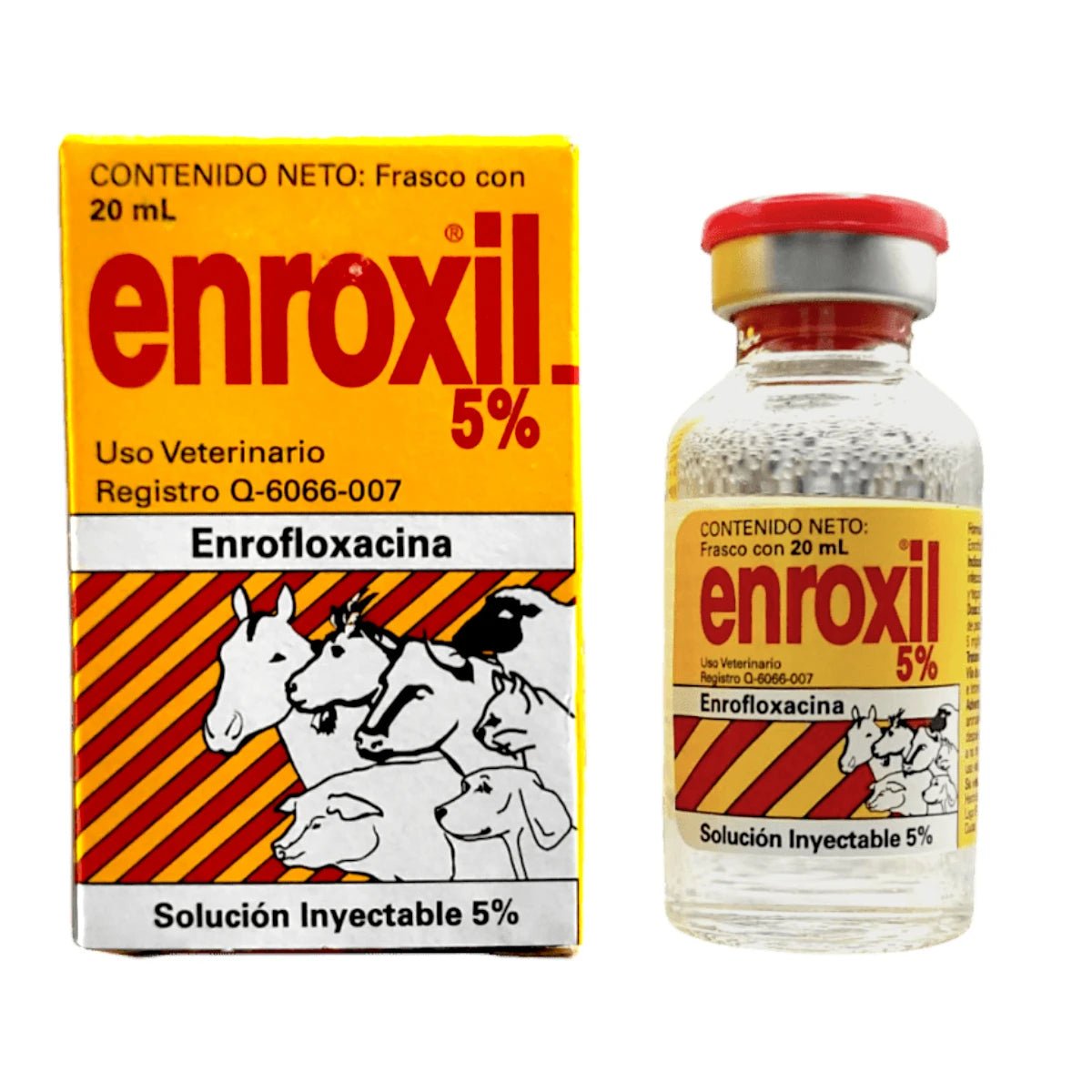 Frasco de Enroxil 5%, antimicrobiano inyectable de amplio espectro para mascotas y animales de granja.