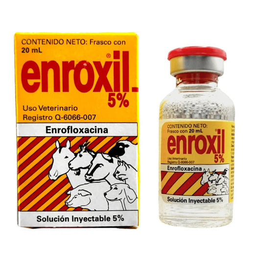 Frasco de Enroxil 5%, antimicrobiano inyectable de amplio espectro para mascotas y animales de granja.