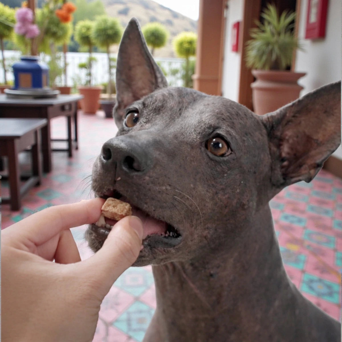 Perro xoloitzcuintle aceptando voluntariamente la tableta masticable Bravecto.