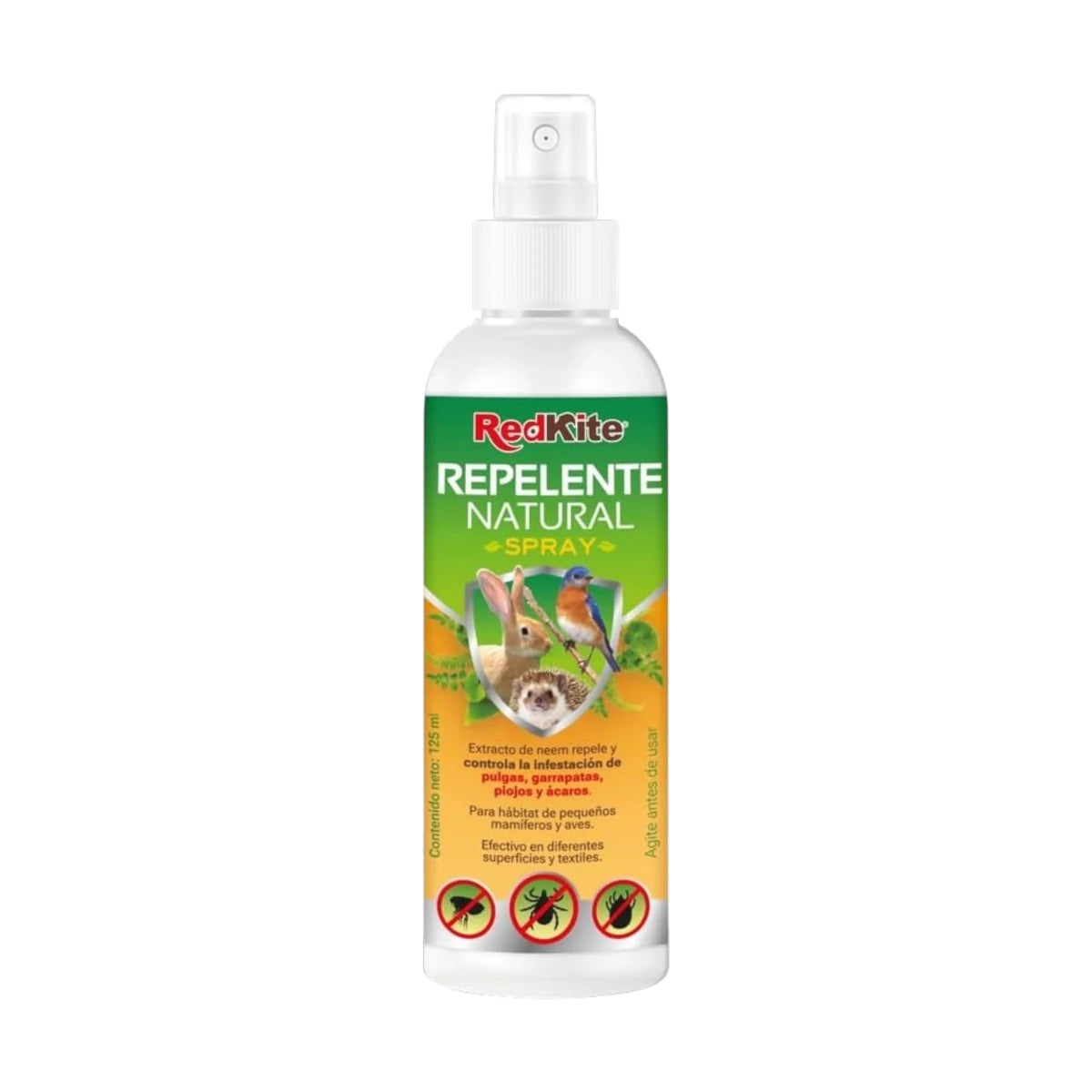 Frasco de Repelente Natural Spray RedKite 125 ml para aves y pequeños mamíferos, con extracto de neem para controlar pulgas, garrapatas, piojos y ácaros en jaulas y textiles.