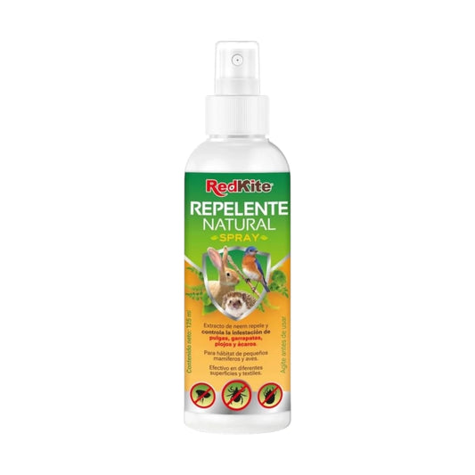 Frasco de Repelente Natural Spray RedKite 125 ml para aves y pequeños mamíferos, con extracto de neem para controlar pulgas, garrapatas, piojos y ácaros en jaulas y textiles.