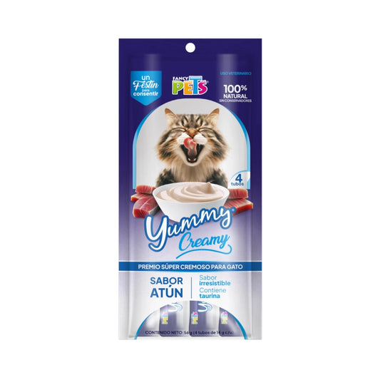 Sobre de Yummi Creamy para gatos sabor atún, con 4 tubos cremosos