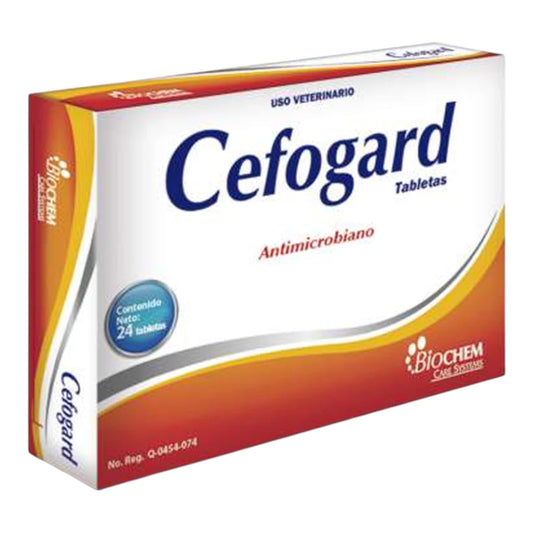 Caja de Cefogard antimicrobiano de 24 tabletas para el tratamiento de infecciones de tejidos blandos y respiratorias en perros y gatos.