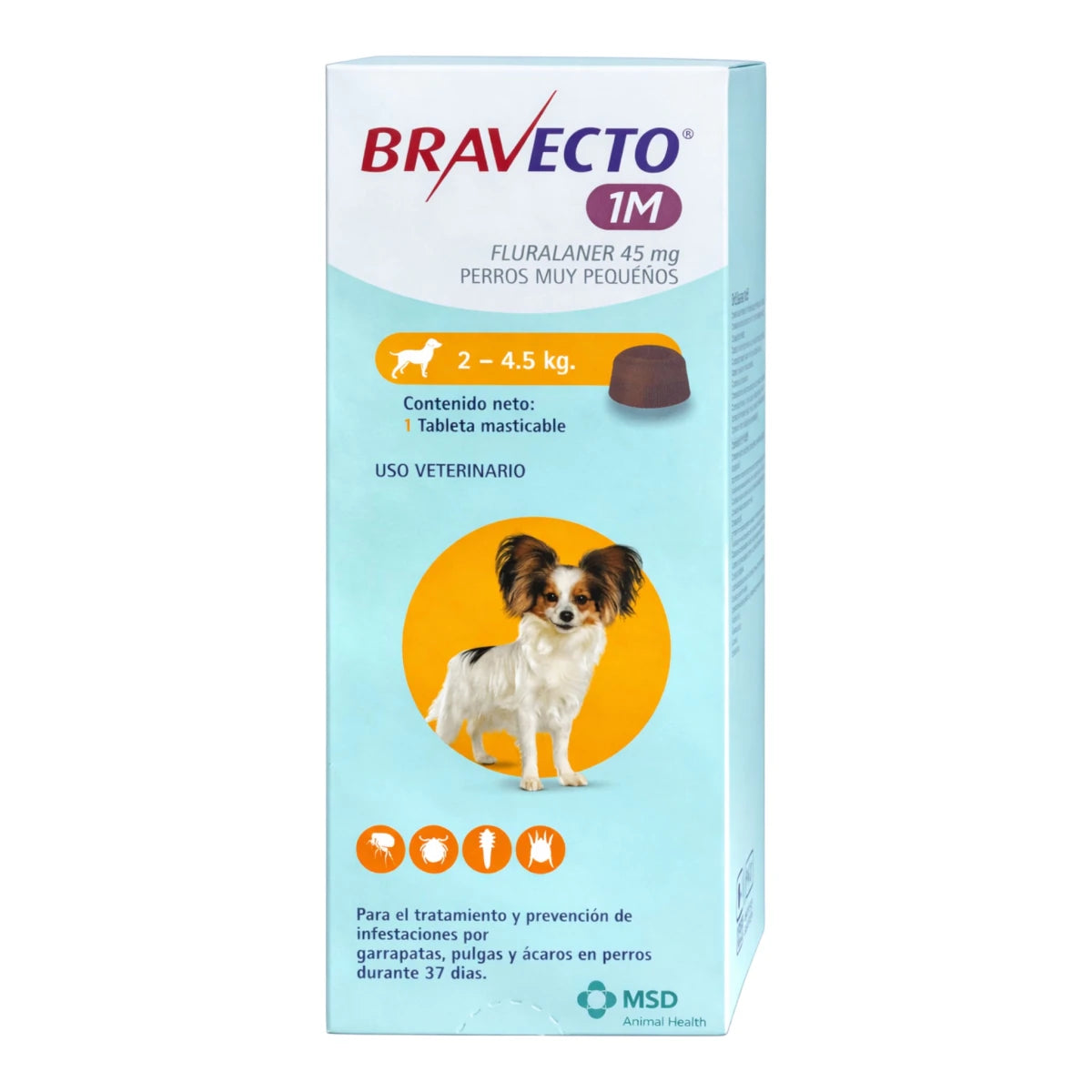  Caja de Bravecto 1M para perros de 2 a 4.5 kg, tratamiento mensual en tableta masticable contra parásitos externos.
