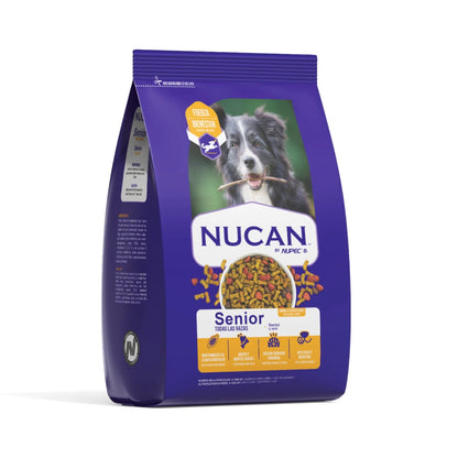 Saco de alimento Nucan Adulto Senior para perros de edad avanzada, diseñado para el mantenimiento muscular y salud del sistema nervioso.