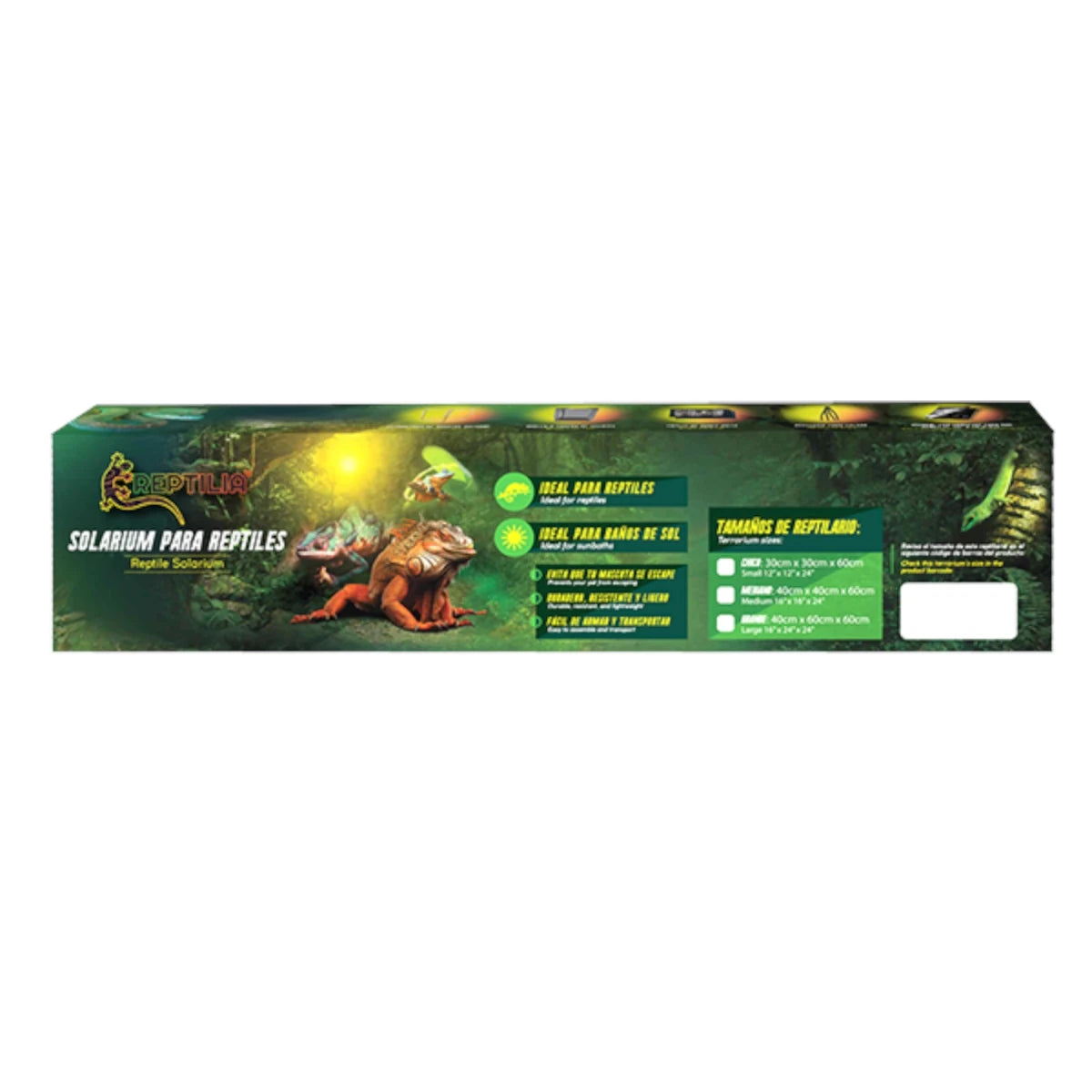 Empaque del solarium Reptilia para reptiles, con imágenes de iguanas y camaleones y beneficios destacados para la exposición solar.