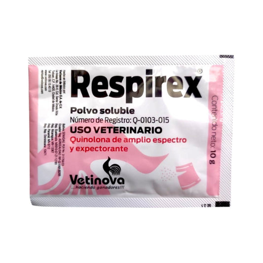 Empaque de Respirex en presentación de 10 g, antibiótico y expectorante para aves de corral
