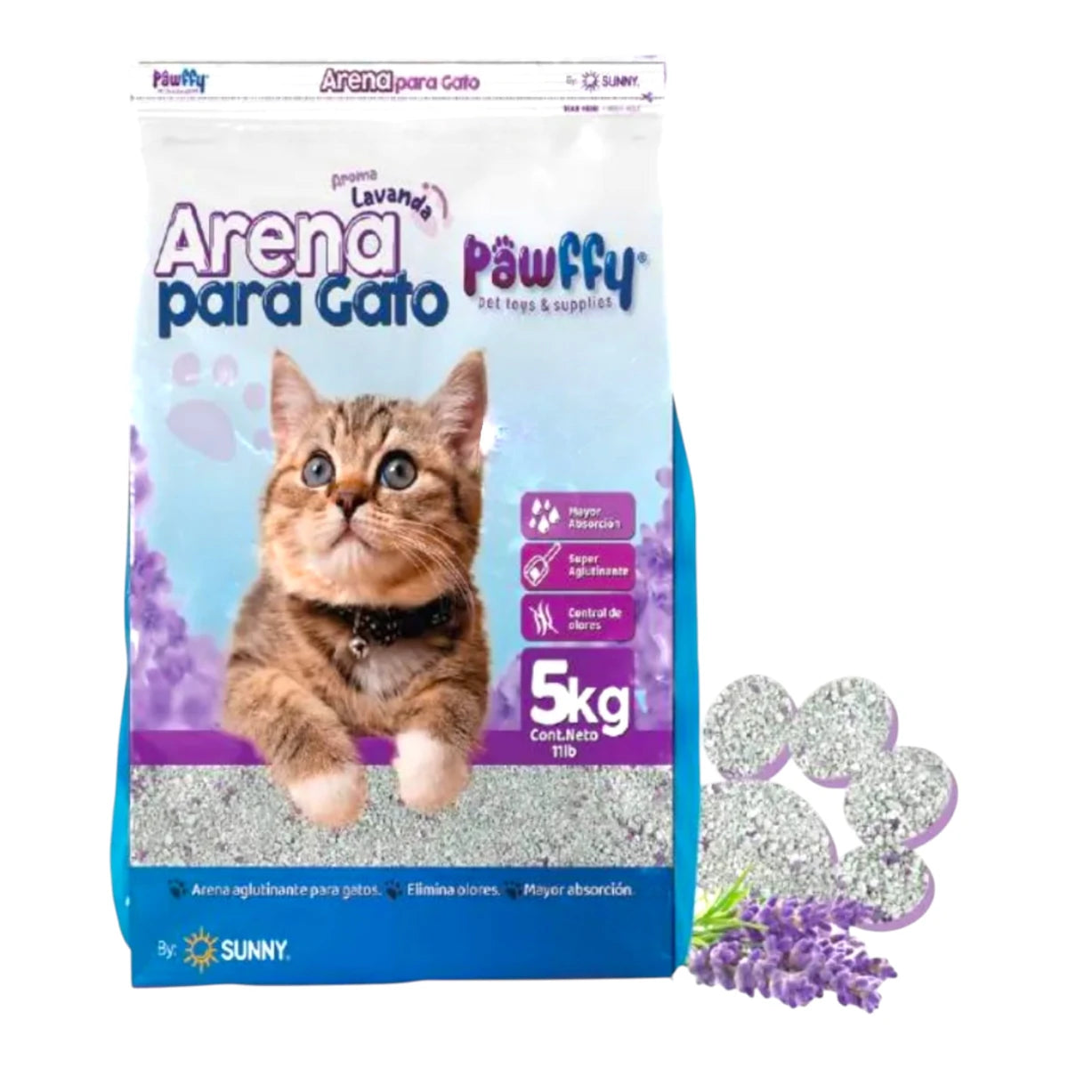 bolsa de arena para gato Puwffy con aroma lavanda de 5 kg, aglutinante y libre de polvo con control de olores