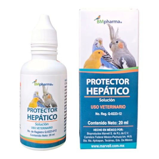 Caja y frasco de Protector Hepático para aves de 20 ml, suplemento con cardo mariano y colina para la salud del hígado en aves exóticas.