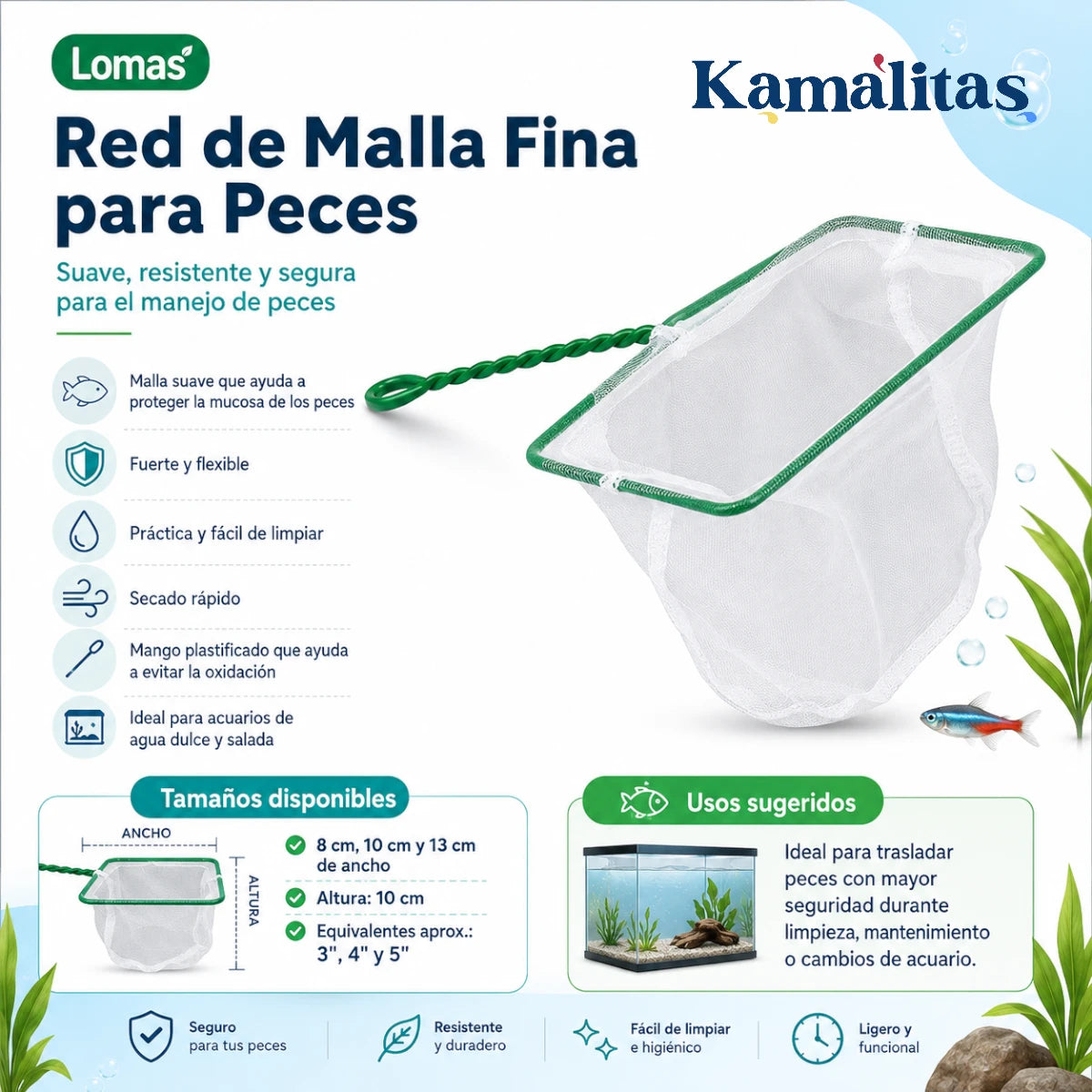 Infografía de Red para peces de acuario Lomas con malla fina suave, ideal para trasladar peces de forma segura durante limpieza, mantenimiento o cambios de acuario.