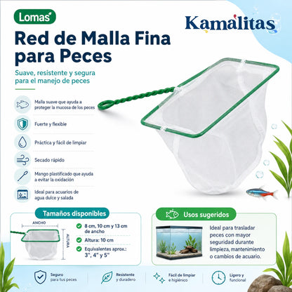 Infografía de Red para peces de acuario Lomas con malla fina suave, ideal para trasladar peces de forma segura durante limpieza, mantenimiento o cambios de acuario.