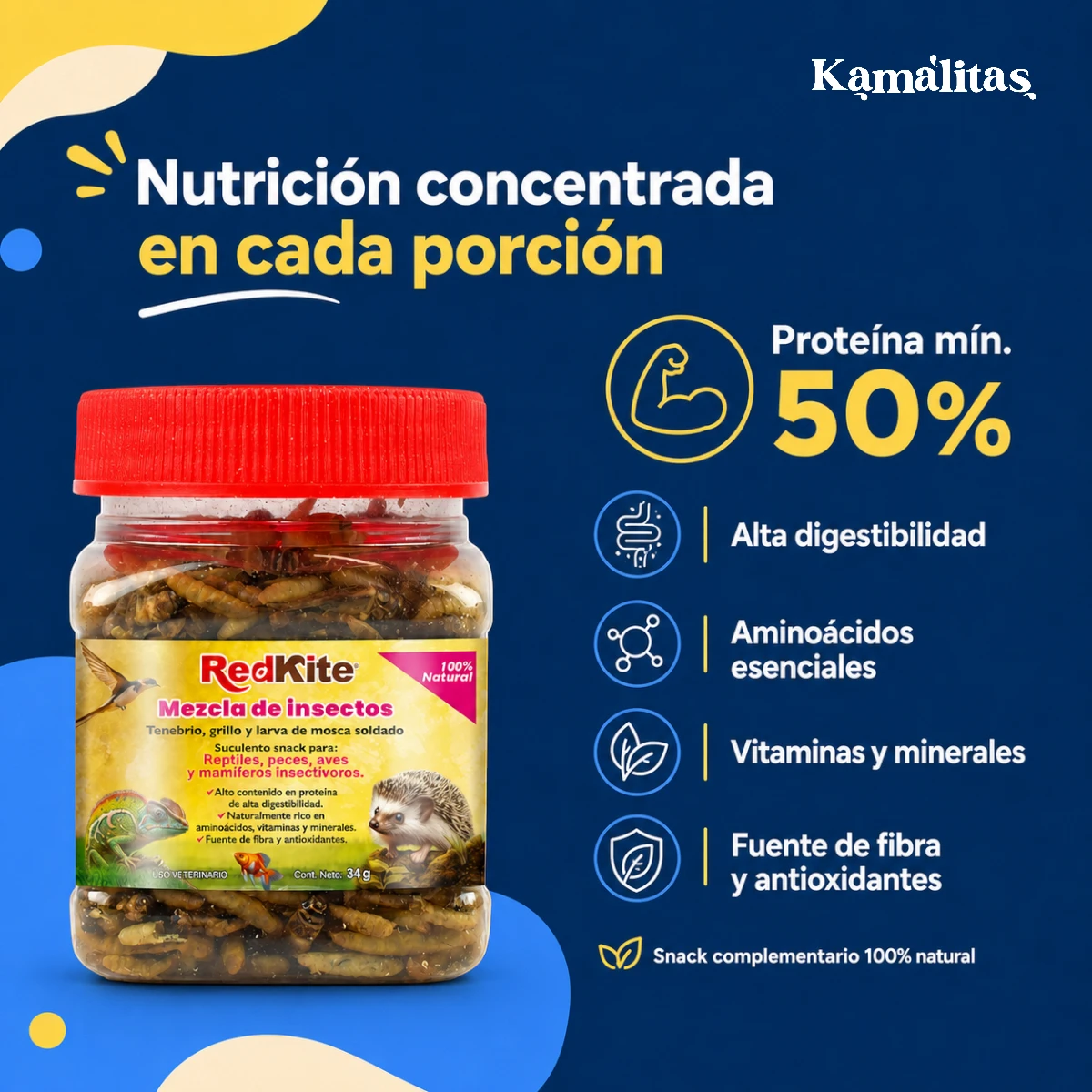 Mezcla de insectos RedKite con mínimo 50 por ciento de proteína, aminoácidos, vitaminas, minerales y fibra