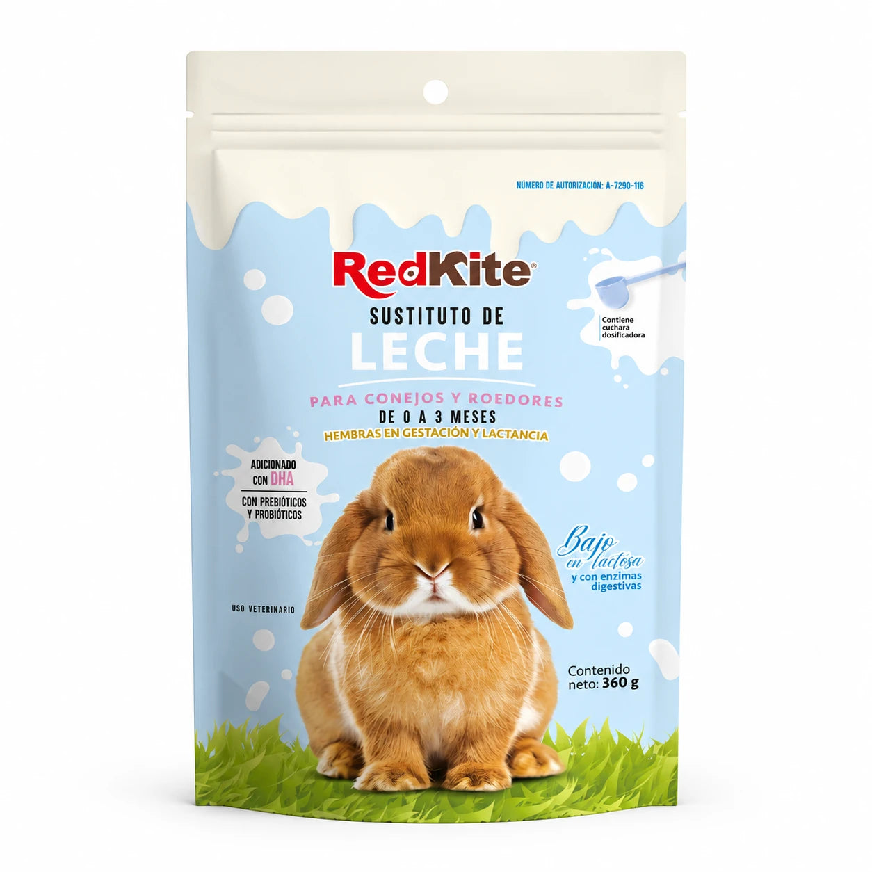 Bolsa de RedKite Sustituto de Leche para conejos y roedores de 360 g sobre fondo blanco.