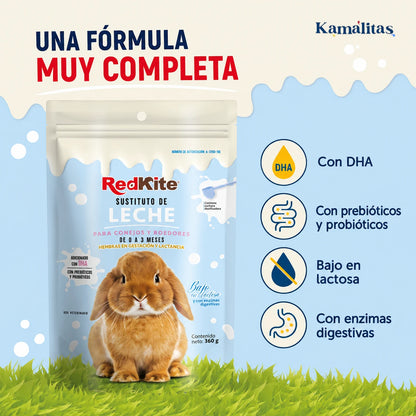 Fórmula RedKite para conejos y roedores con DHA, prebióticos, probióticos y enzimas digestivas.