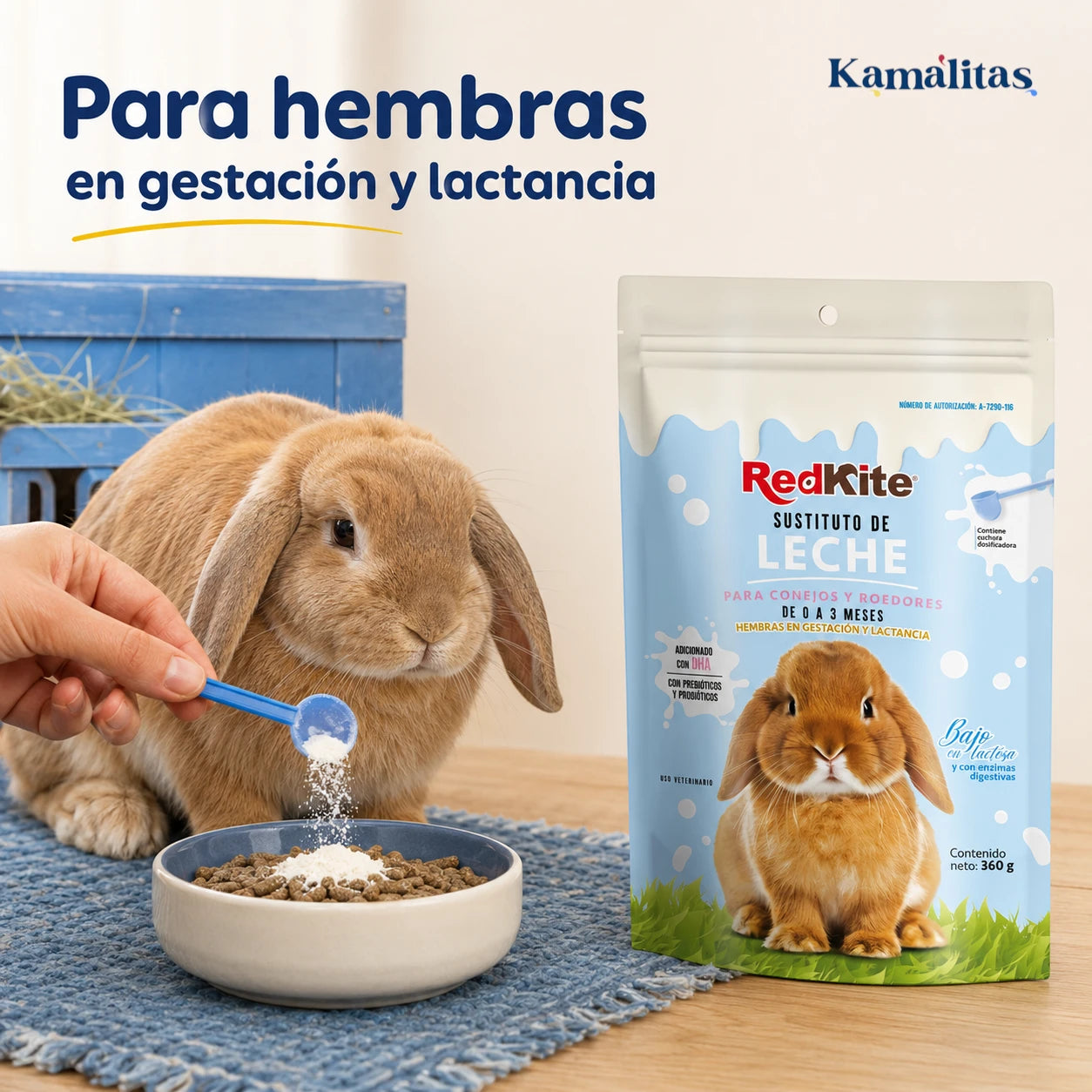 Sustituto de leche RedKite espolvoreado sobre alimento seco para una coneja en gestación o lactancia.