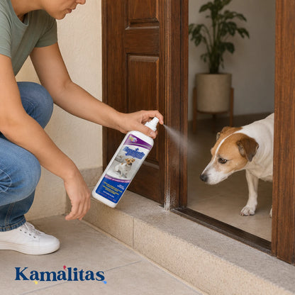 Mujer rociando el repelente entrenador Fancy Pets en el marco de una puerta de madera interior para marcar el límite y evitar que el perro entre a habitaciones prohibidas, en Kamalitas.