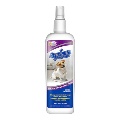 Envase blanco de 250 mililitros de repelente entrenador para perros de interiores marca Fancy Pets con atomizador,  en Kamalitas.