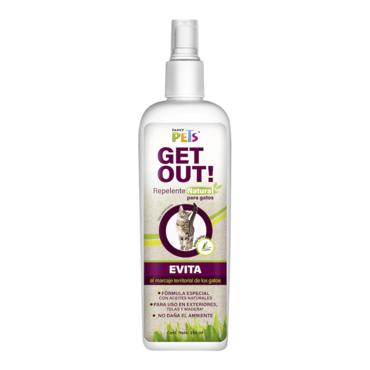 Envase blanco de 250 mililitros de repelente natural para gatos Get Out! de la marca Fancy Pets con atomizador transparente, mostrando su etiqueta frontal morada sobre fondo blanco, en Kamalitas.