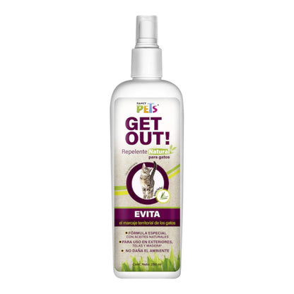 Envase blanco de 250 mililitros de repelente natural para gatos Get Out! de la marca Fancy Pets con atomizador transparente, mostrando su etiqueta frontal morada sobre fondo blanco, en Kamalitas.