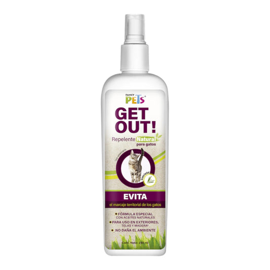 Envase blanco de 250 mililitros de repelente natural para gatos Get Out! de la marca Fancy Pets con atomizador transparente, mostrando su etiqueta frontal morada sobre fondo blanco, en Kamalitas.