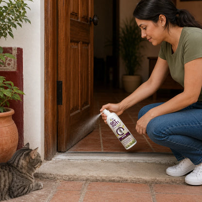Una mujer agachada aplicando el spray repelente Get Out! en el marco de madera de una puerta exterior mientras un gato atigrado observa desde el suelo, demostrando la aplicación del producto, en Kamalitas.