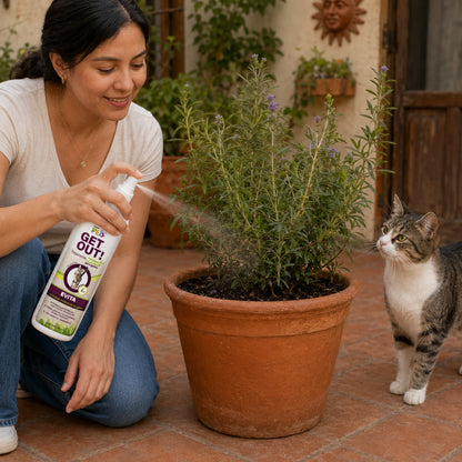 Vista de una mujer aplicando el spray natural Fancy Pets sobre una planta en maceta de barro en un patio, para evitar el marcaje en plantas y macetas con un gato doméstico a un lado observando la acción protectora del jardín, en Kamalitas.