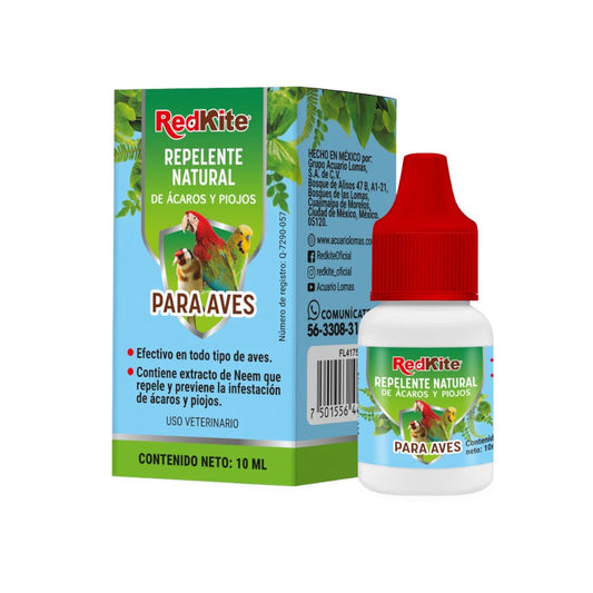 Frasco gotero de 10ml con tapa roja y caja de Repelente Natural de Ácaros y Piojos RedKite con extracto de Neem para aves.