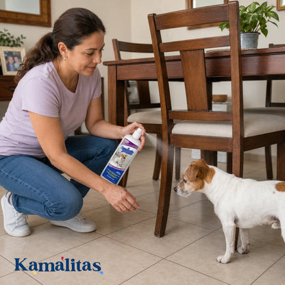Una mujer aplicando el spray repelente Fancy Pets en las patas de una silla de comedor de madera para evitar que un perro Jack Russell marque territorio u orine en los muebles de la casa, en Kamalitas.