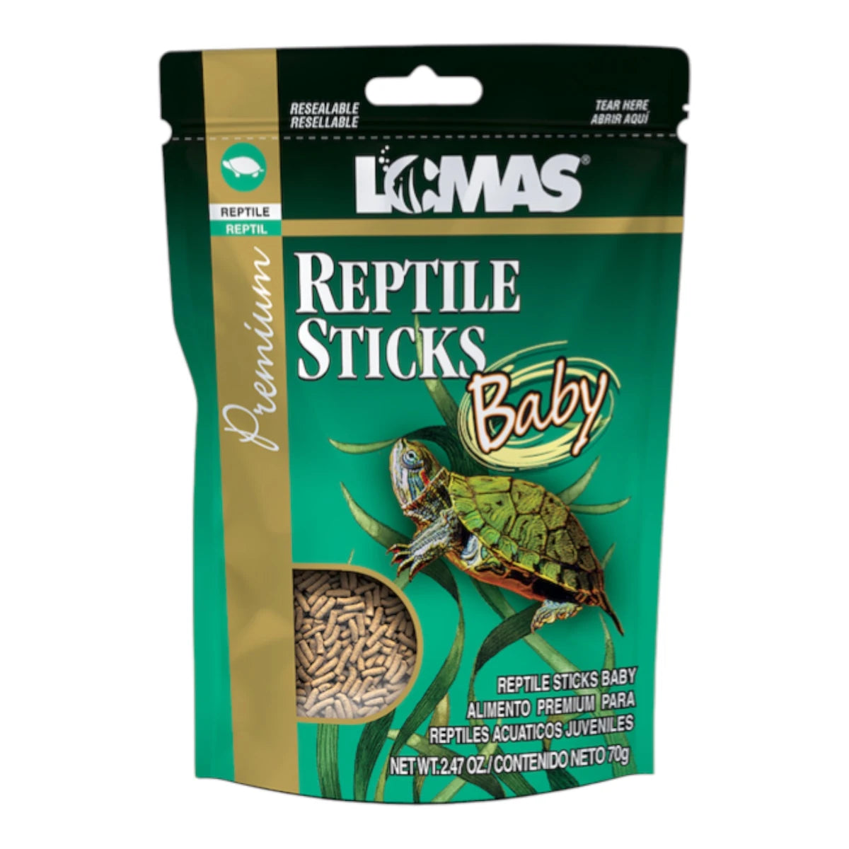 Envase de Reptile Sticks Baby Lomas. alimento inicial para tortugas y reptiles acuáticos de temprana edad.