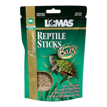 Envase de Reptile Sticks Baby Lomas. alimento inicial para tortugas y reptiles acuáticos de temprana edad.