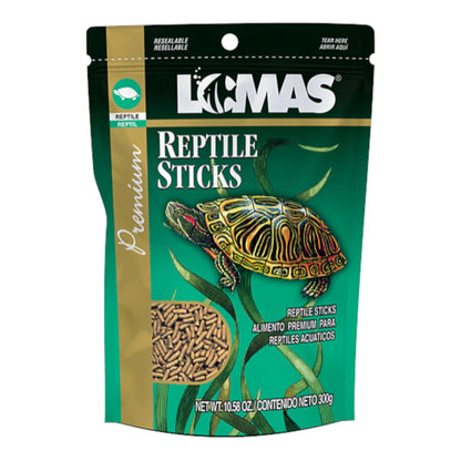Presentación de 300 gramos de Reptile Sticks Lomas, destacando su fórmula balanceada para el desarrollo del caparazón.