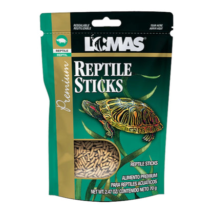 Empaque de Reptile Sticks Lomas de 70 gramos, alimento premium para reptiles acuáticos con cierre resellable.