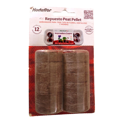 Empaque Hortaflor de repuesto Peat Pellet con 12 pastillas biodegradables para germinación de semillas, en presentación tipo blister.