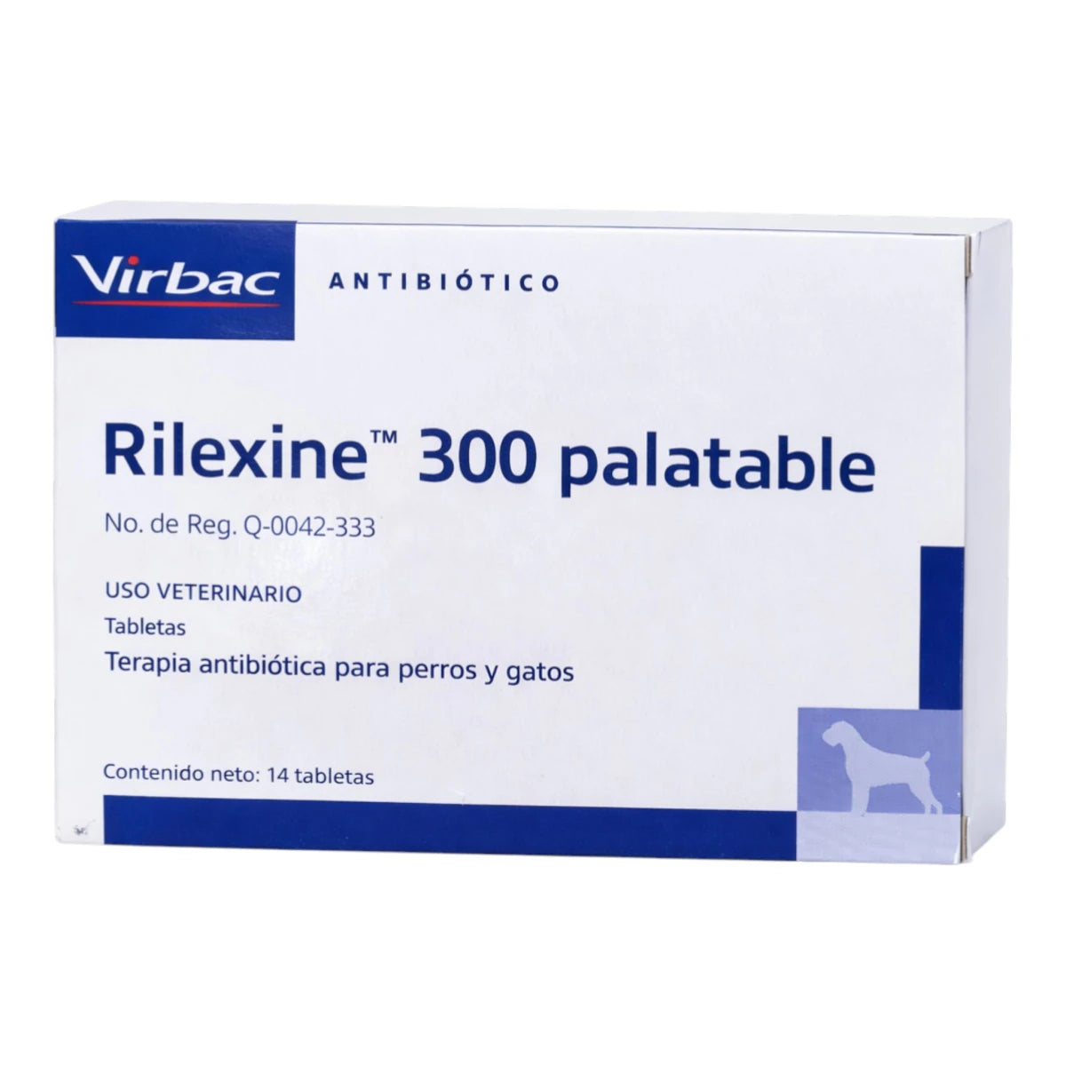 Caja de Rilexine 300 Palatable de Virbac, antibiótico de cefalexina en tabletas con sabor agradable para tratar pioderma e infecciones en perros.