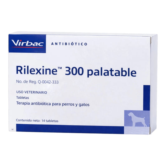 Caja de Rilexine 300 Palatable de Virbac, antibiótico de cefalexina en tabletas con sabor agradable para tratar pioderma e infecciones en perros.